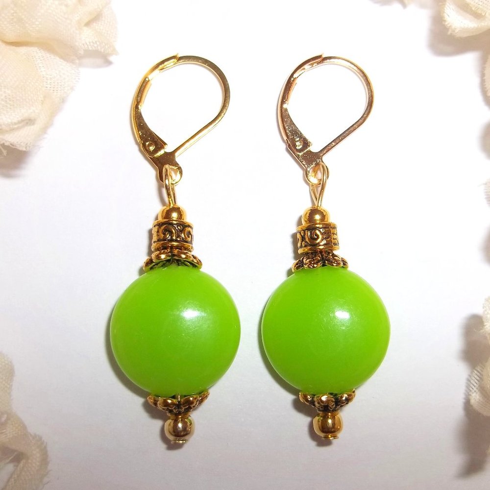 Bright Lime Green & Gold Earrings NWT Dangle Colorful Jewelry Gift Idea Her 6306